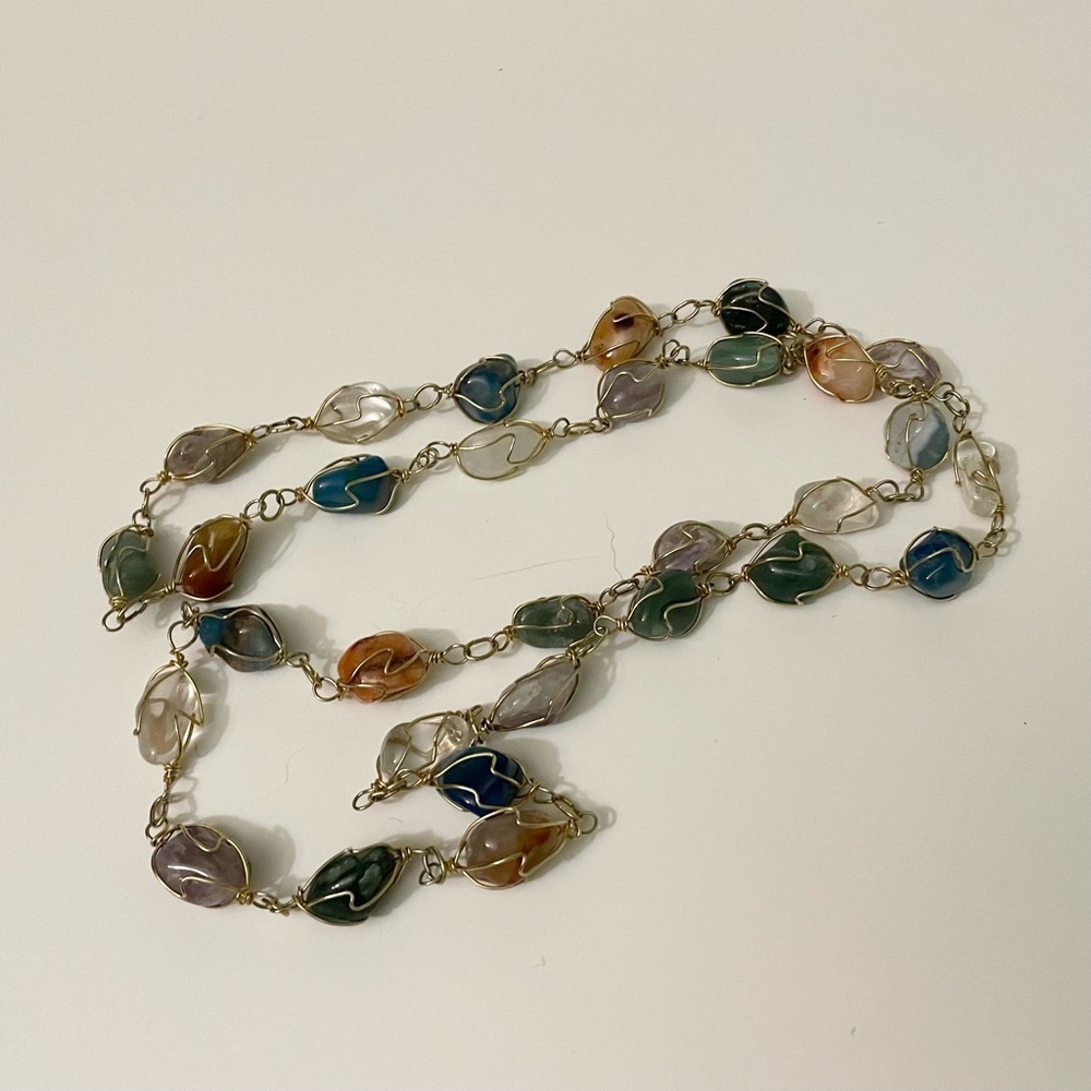 Boho Multi Gemstone Wire Wrapped Necklace Tumbled Stone Crystal Jewelry - Picture 8 of 15